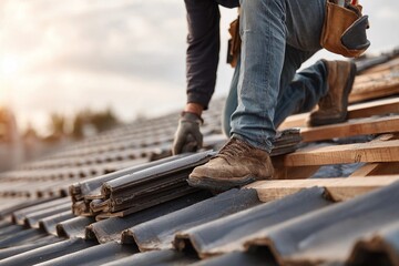 Worker installs roof tiles under a clear sky during afternoon hours in a residential area
