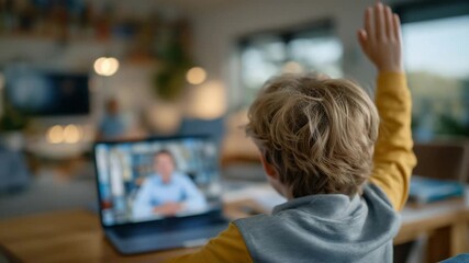 A cozy home classroom setting with a child raising their hand during an online session, teacher visible on laptop screen, soft daylight and calm colors filling the room - Powered by Adobe