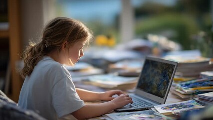 A creative learning space where a young girl uses a laptop, colorful stationery and notebooks scattered around, natural light creating a calm, inspiring atmosphere