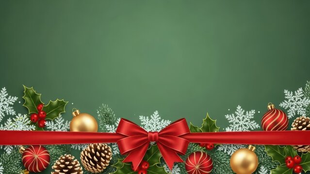 Festive christmas garland with red ribbon and ornaments on green background