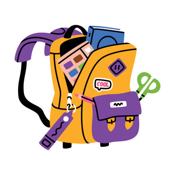 School Backpack with Stationery and Supplies Vector Illustration