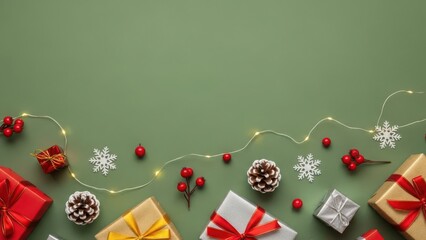 Festive christmas gifts and decorations on a green background