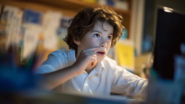 A young student concentrates deeply during an e-learning session, sitting at a small desk with art supplies and a glowing monitor, surrounded by learning posters