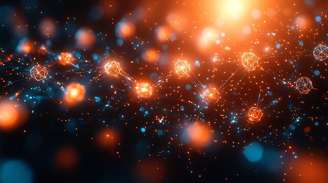 Abstract network of glowing orange spheres connected by lines with blue and orange particles - Powered by Adobe