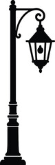 Black Silhouette Of Street Lamp Post With Decorative Design, Perfect For Old Town, City, Road Decor Isolated On Transparent Background