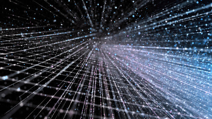 A dynamic digital network of interconnected lines and luminous particles, representing data flow, technology, and futuristic concepts in a vast, dark space.