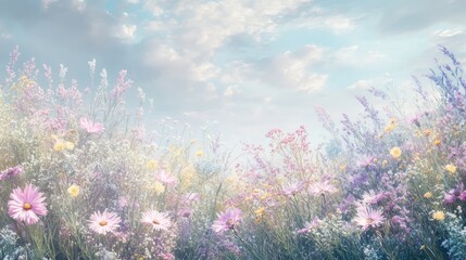 Naklejka premium A tranquil spring hillside dotted with clusters of pastel-colored wild asters in soft pink