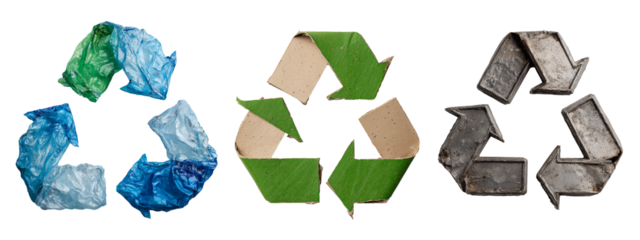 Three different recycling signs. Signs are made from kraft cardboard, old rusty metal, polyethylene plastic bags. Paper, metal, plastic recycling concept. Signs isolated on transparent.