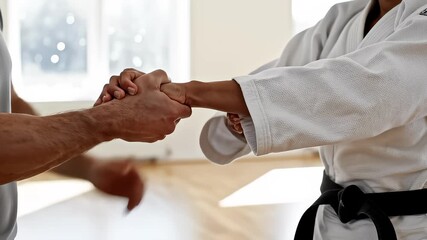 Karate Students Shaking Hands After Sparring Match in Training Room - Powered by Adobe
