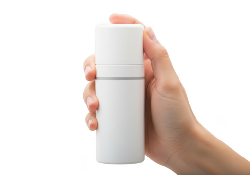 Hand holding a plain white cylindrical cosmetic or travel container with a cap, isolated on transparent background