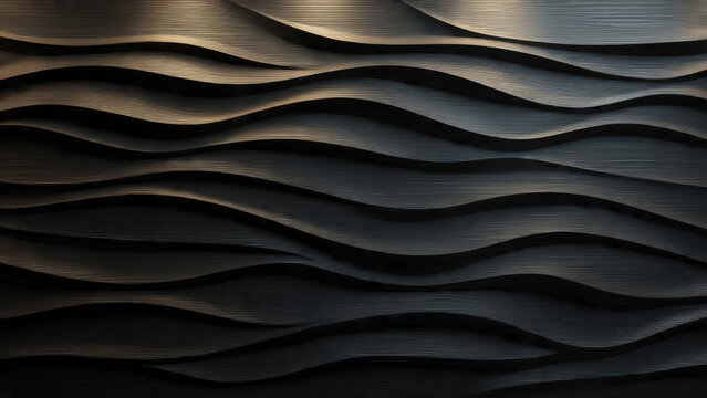 Abstract dark 3D wavy textured background with undulating parallel lines creating depth and movement, highlighted by soft lighting effects.