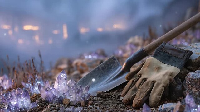 Artistic composition of glowing rare earth ores partially dug from the ground, shovel and worn gloves in foreground, subtle mist and industrial mining elements behind