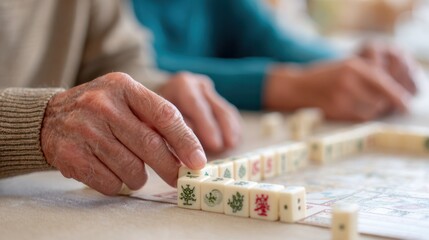Close-up of hands engaged in mahjong lesson with rectangular mahjong tiles