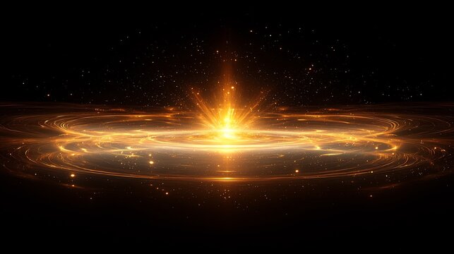 Radiant golden energy explosion with concentric rings in a dark space background with stars - Powered by Adobe