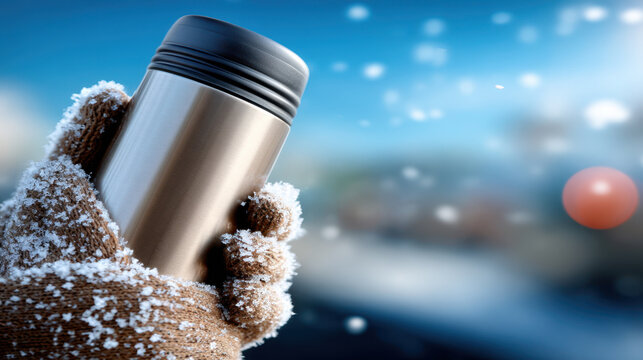Winter gloved hands holding metal flask in snowy outdoor setting