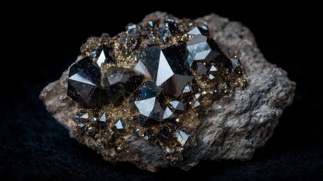Artistic composition of rough ore clusters with shiny crystal facets, dark textured surface providing depth, symbolizing critical materials before industrial refinement
