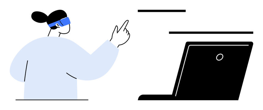 Woman in AR headset pointing at digital elements near a laptop, symbolizing technology, innovation, and future-focused work. Ideal for AR, innovation, education, virtual connection, tech development