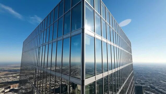 Skyscraper facade reflecting clear blue sky and urban cityscape