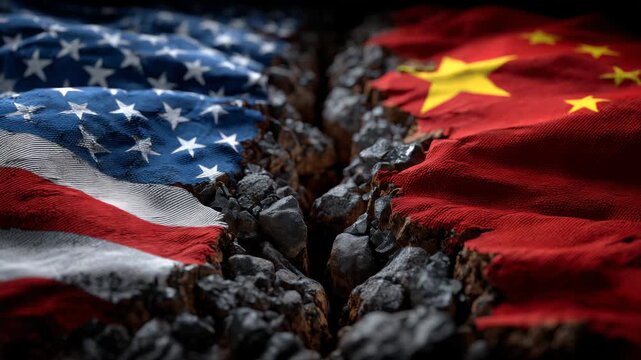 Artistic composition showing US and China flags separated by a fissure in the ground filled with rare earth ores, dramatic lighting reflecting geopolitical tension