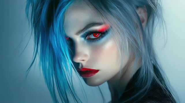 A striking portrait of a blue-haired model with bold red lips, exuding confidence and style.