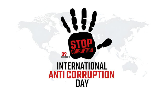 International Anti-Corruption Day December 9 with Stop Corruption Hand Print and World Map Background