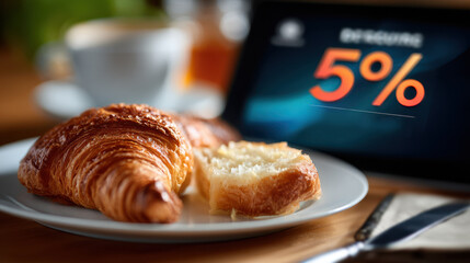 Tablet displaying discount on kitchen table turned workspace with croissant breakfast and coffee