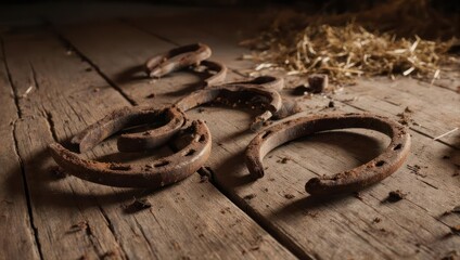 Rusty Horseshoes on Weathered Wooden Planks - A Rustic Still Life.
