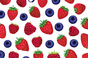 Seamless pattern of fresh strawberries, raspberries, and blueberries on a white background.