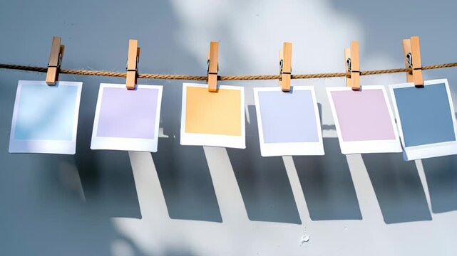 Colorful instant camera photo frames are strung on a rope with wooden clothespins, set against a white wall where shadows dance and play