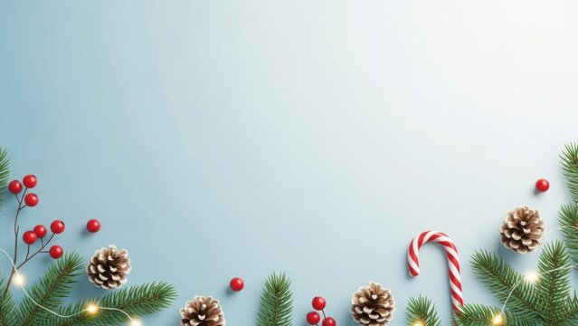 Festive christmas border with pine cones berries and candy canes on blue background