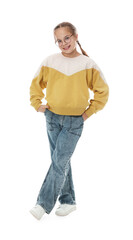 Portrait of cute girl in glasses on white background