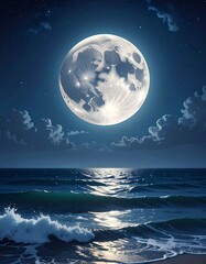 Moonlit Ocean Serenity - A Nighttime Seascape of Tranquility and Reflection.