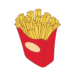 A delicious illustration of crispy golden french fries served in a classic red carton with an oval label, perfect for food-related designs and menus