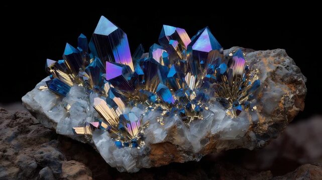 Artistic macro of multicolored metallic and mineral crystals emerging from unpolished rock, dark background emphasizing shine and industrial significance