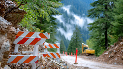 Landslide blocking rural dirt road with safety barriers and heavy equipment in forested area