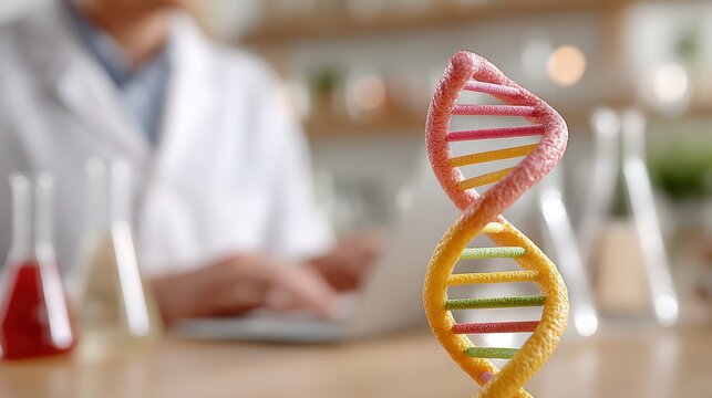 Colorful dna helix model on laboratory counter for scientific exploration
