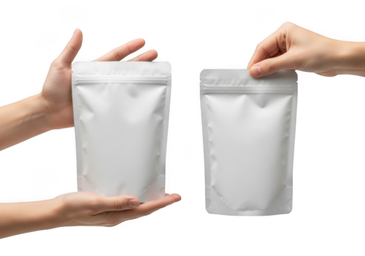 Two hands holding blank white stand up pouch packaging mockup for food or cosmetic product presentation isolated on transparent background