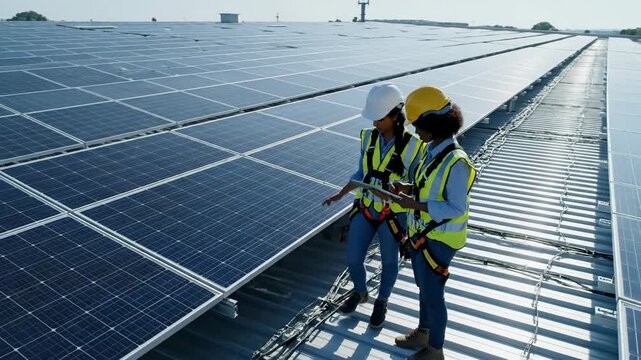 Renewable energy workers inspect large solar panel array under bright daylight for sustainability project