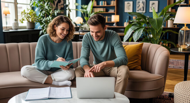 Household budget planning session at home using online financial tools plus shared goals checklist to track monthly expenses, savings targets along with upcoming investments on a banking platform