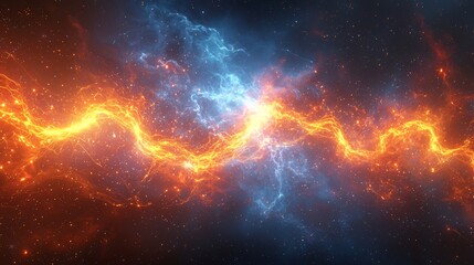 A cosmic view of a nebula with orange and blue hues and a central glowing energy stream across space