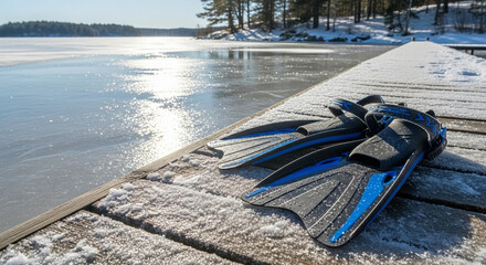 Fins resting on wooden dock by frozen lake under winter sun  