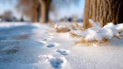 Early morning winter landscape with squirrel pawprints in snow and frozen ground