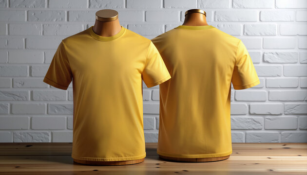Yellow - Mockup of two torso mannequins wearing T-shirts on a wooden table, with a white brick wall in the background