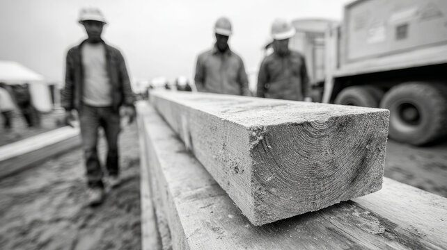 Construction workers in hardhats walking near lumber.