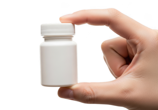 Hand holding a small white plastic medicine bottle with a cap isolated on transparent background