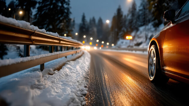 Snowy highway exit ramp during early morning with illuminated amber reflectors and a passing car, surrounded by snow-covered trees.