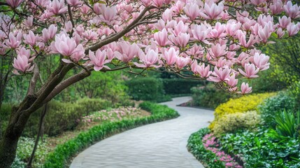 Obraz premium An HD view of a pale pink magnolia tree growing beside a winding garden path