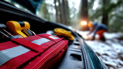 Organized emergency kit in car trunk for road safety and travel preparedness