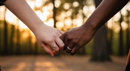 Interracial couple holding hands in a serene outdoor setting during sunset, symbolizing love, unity, and connection in a warm, romantic atmosphere