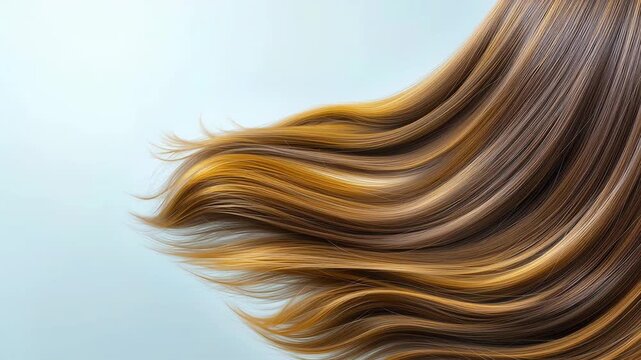 Gorgeously wavy brown hair gleaming with stunning blonde highlights swaying gently in the breeze, captured in slow motion to showcase its silky and lustrous texture